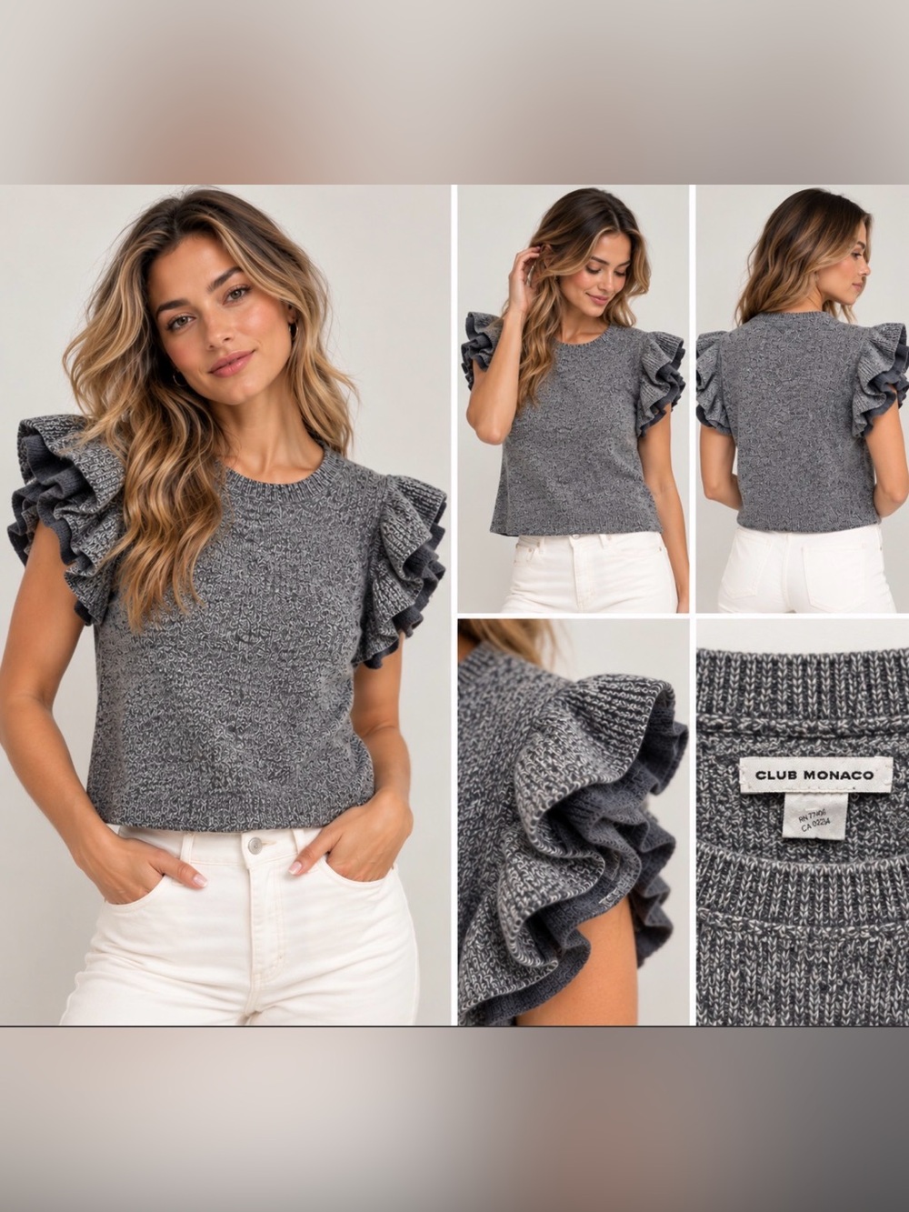 Club Monaco Eris Grey Merino Wool Ruffle Sleeve Sweater Top
